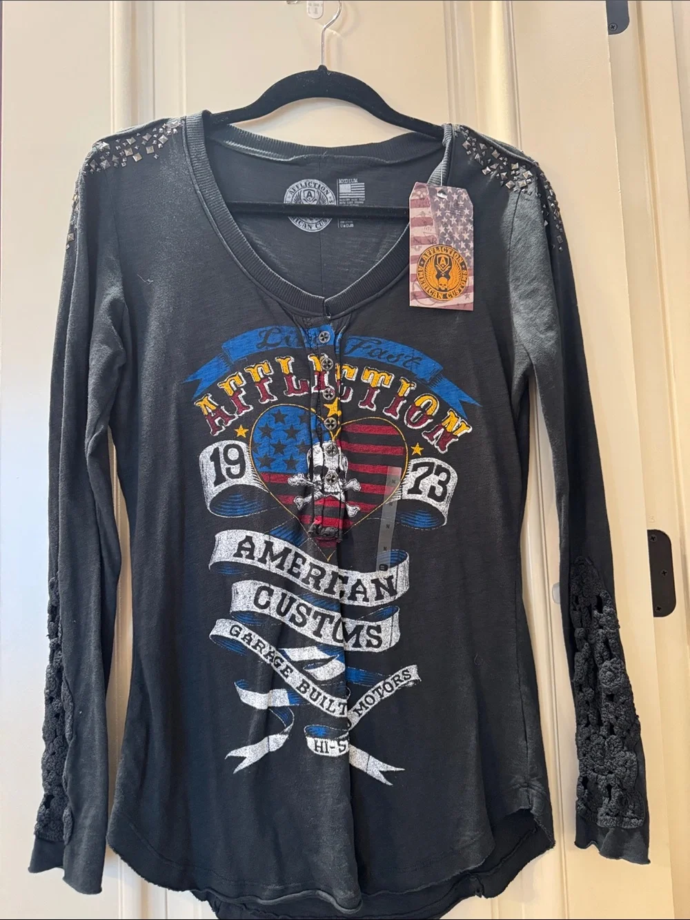 Affliction Black Graphic Long Sleeve with Studded Shoulders - Picture 1 of 4